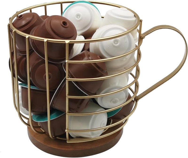 MFBJXC Large Capacity Wire Kup Storage with Wooden Base, Mug Shape Wire Storage Basket for Home Cafe Bar Countertop Kitchen Decor Storage Accessories Gold - Image 2